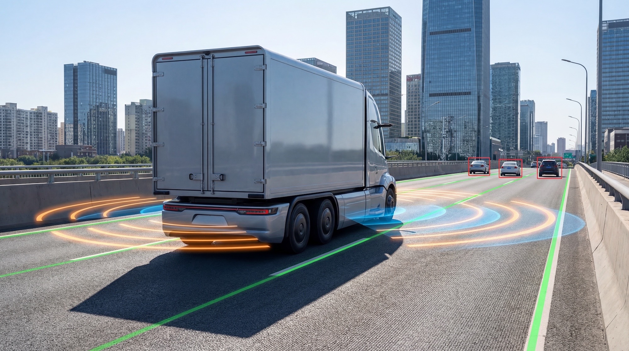 AI detection overlay: a truck tracked in real time by sensors on a highway feed